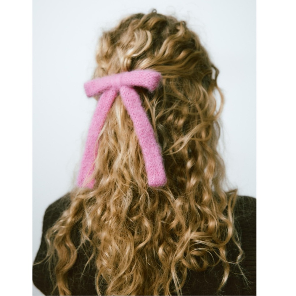 NWT Zara Accessories Bow WOOL AND ALPACA BLEND FUZZY HAIR CLIP Pink